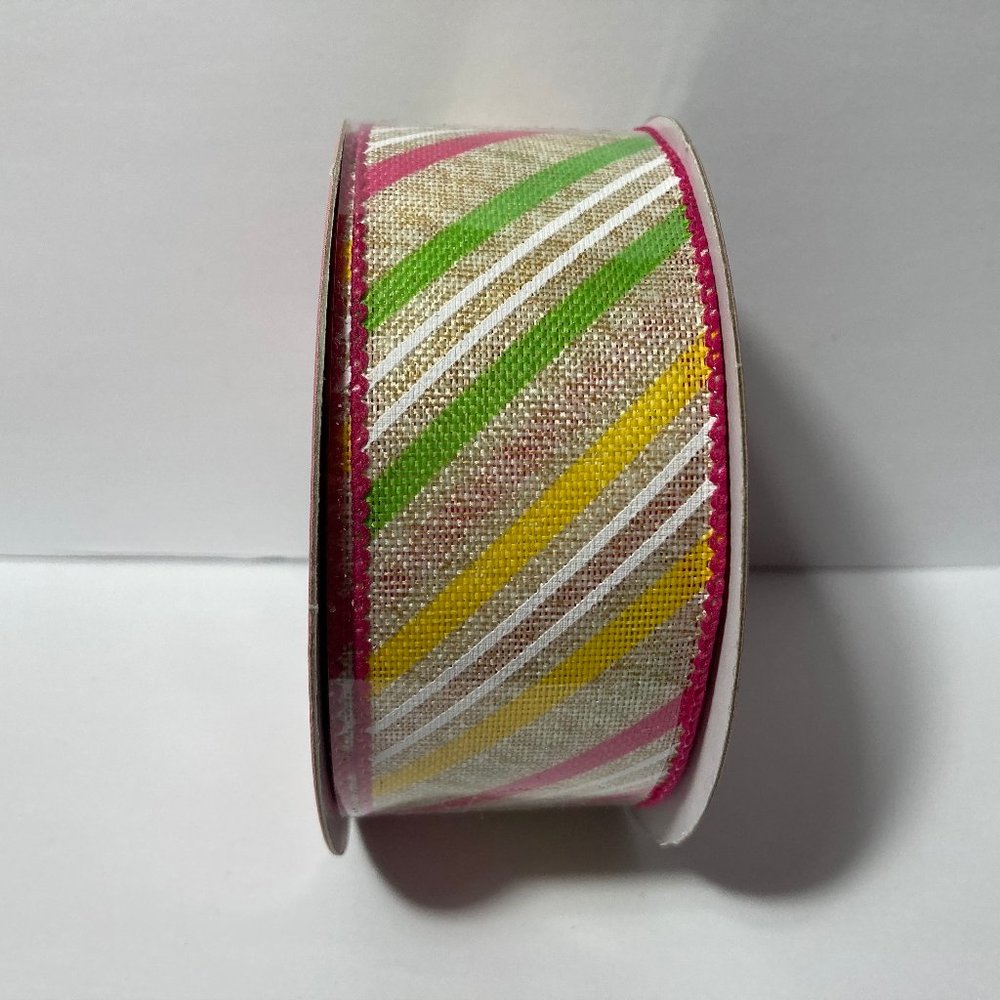 2 Spring Stripe Wired Ribbon 1.5" 25' Pink Yellow